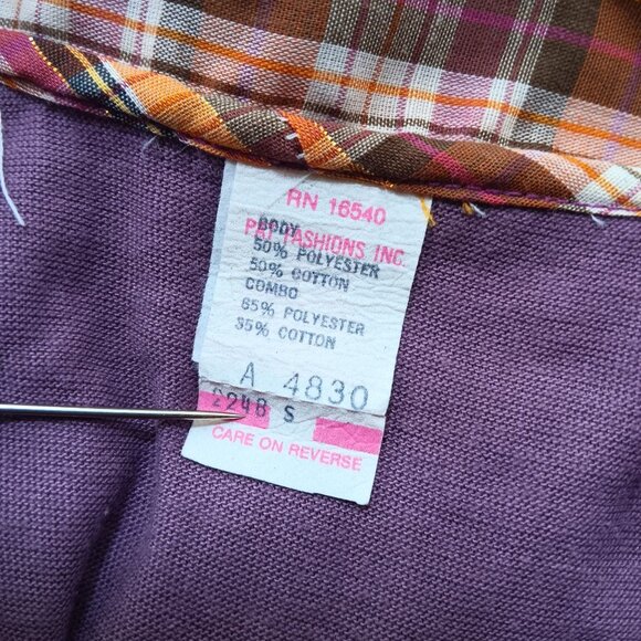 Small True Vintage Top Disco Purple Plaid Collar Cuffs 1970's Buttery Thin Crop - Picture 3 of 7